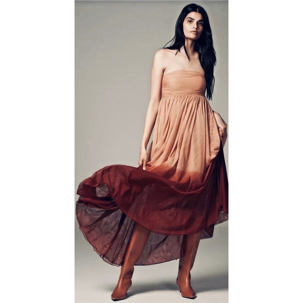 Anthropologie LET ME BE Peach Ombre Strapless Maxi Dress Boho Flowy X-Small
